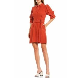 A Loves A dress Puff Sleeve Button Front Belted Pumpkin Orange Shirt Dress Large